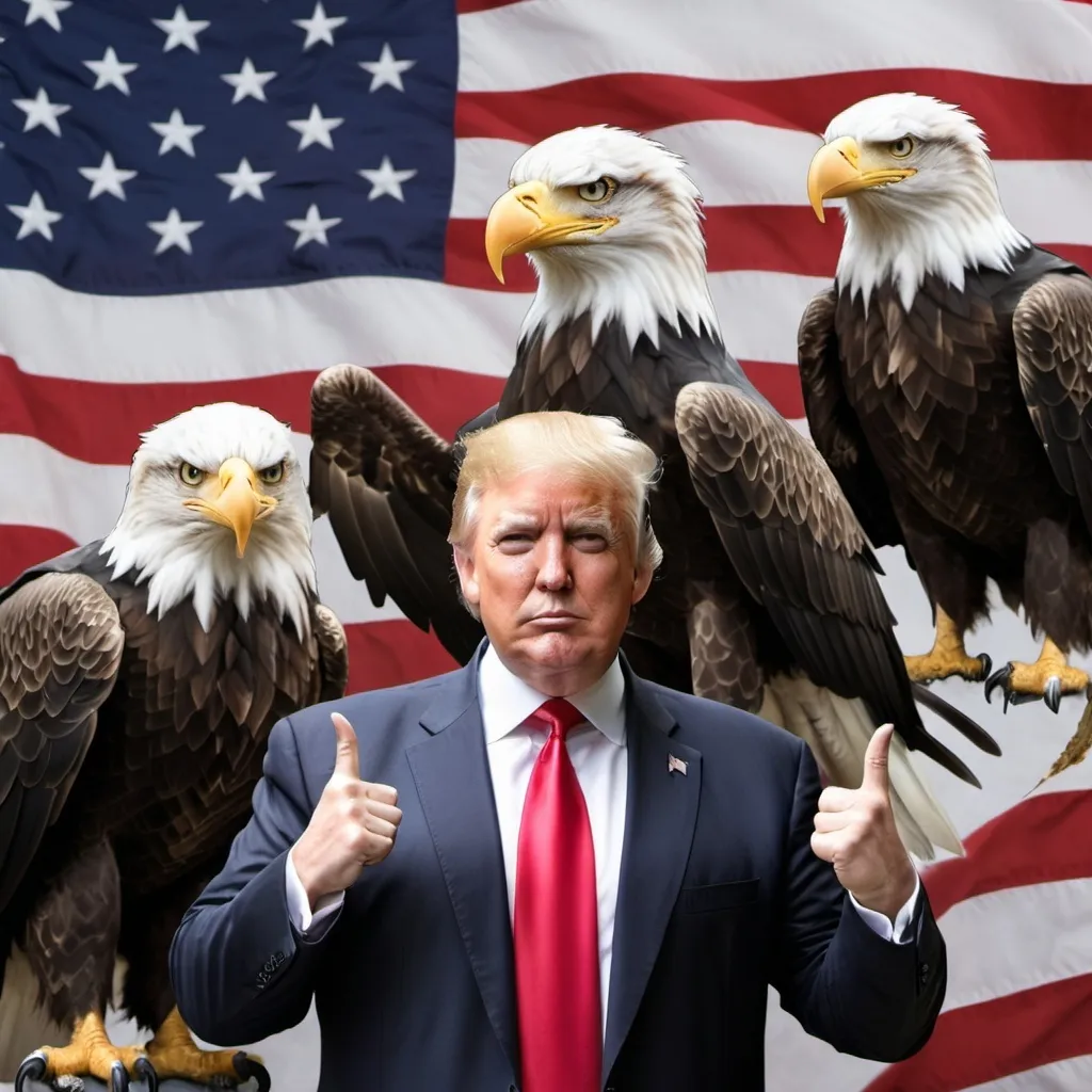 Prompt: Create a realistic photo of Donald Trump standing in front of American flag and garded by two bald eagles with his middle fingers up