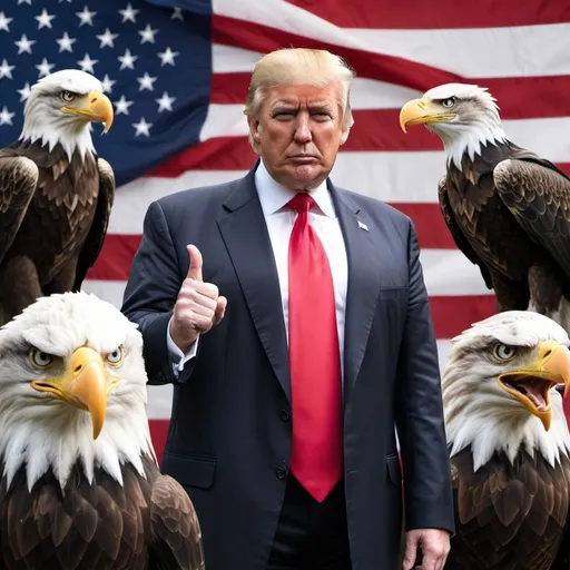 Prompt: Create a realistic photo of Donald Trump standing in front of American flag and garded by two bald eagles with his middle fingers up