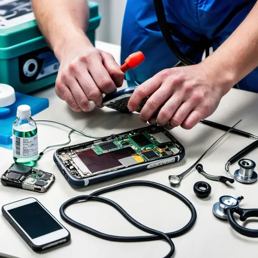 Prompt: A mobile phone being repaired next to medical equipment