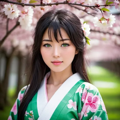 Prompt: An 18 year old beautiful Japanese woman , Wavy black hair, green eyes, perfect body, freckles, fair skin, 1girl, perfect face, delicate facial features, perfect eyes((green eyes)), straight eyebrows, perfect lips, freckles, perfect hands, looking at viewer, front view, (focus on upper torso), wearing a pink and white floral yukata, Japanese cherry blossoms in background, dark fantasy concept art