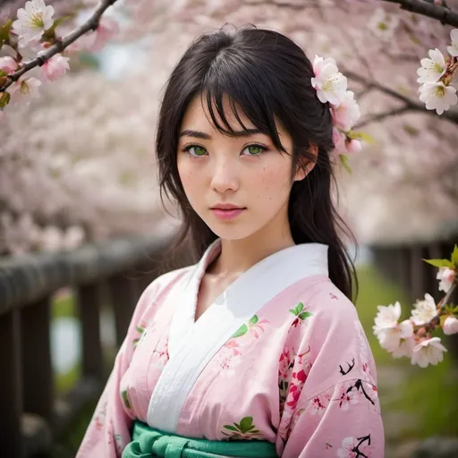 Prompt: An 18 year old beautiful Japanese woman , Wavy black hair, green eyes, perfect body, freckles, fair skin, 1girl, perfect face, delicate facial features, perfect eyes((green eyes)), straight eyebrows, perfect lips, freckles, perfect hands, looking at viewer, front view, (focus on upper torso), wearing a pink and white floral yukata, Japanese cherry blossoms in background, dark fantasy concept art