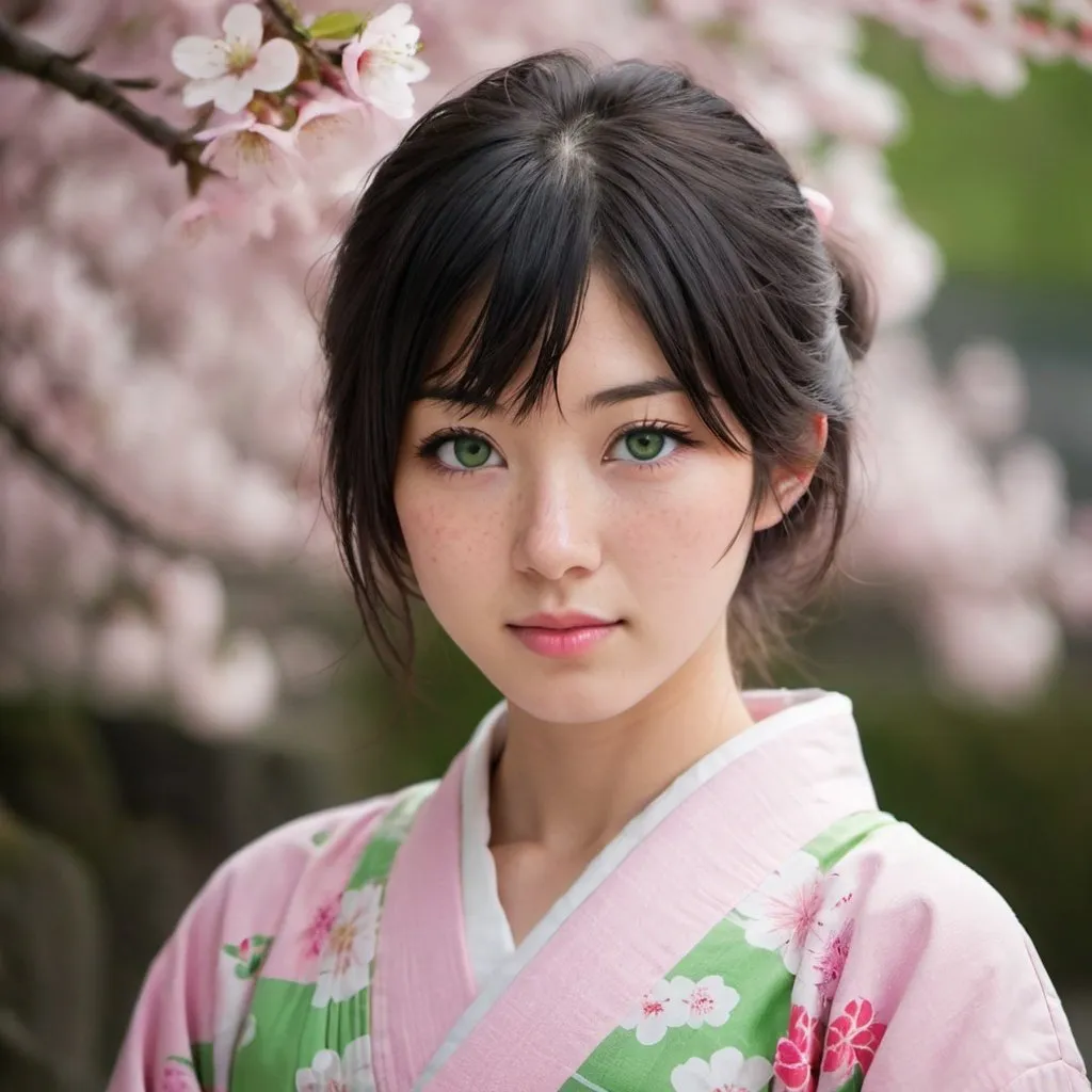 Prompt: An 18 year old beautiful Japanese woman , Wavy black hair, green eyes, perfect body, freckles, fair skin, 1girl, perfect face, delicate facial features, perfect eyes((green eyes)), straight eyebrows, perfect lips, freckles, perfect hands, looking at viewer, front view, (focus on upper torso), wearing a pink and white floral yukata, Japanese cherry blossoms in background, dark fantasy concept art