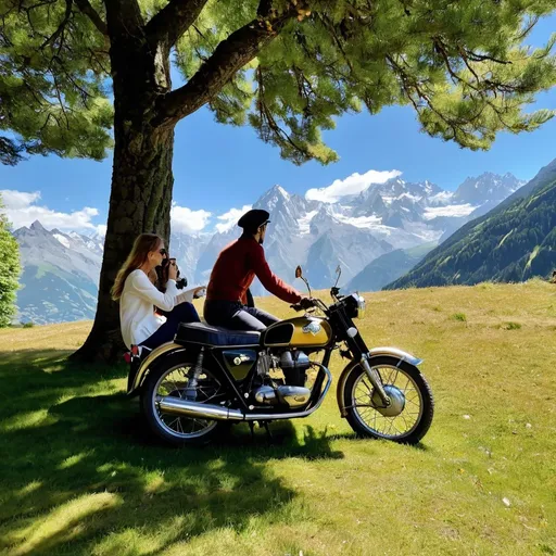 Prompt: a young couple in 1970 taking photos on the grass under a shady tree on a BSA Golden Flash motorbike enjoying a sunny afternoon on foot
Mont Blanc mountains