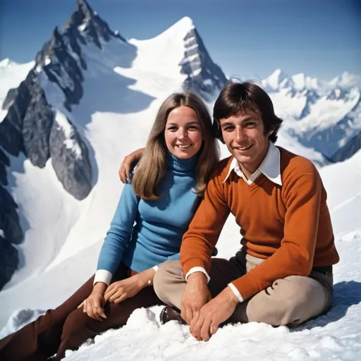 Prompt: a young couple in 1970 who were happily enjoying a sunny afternoon in the Mont Blanc mountains