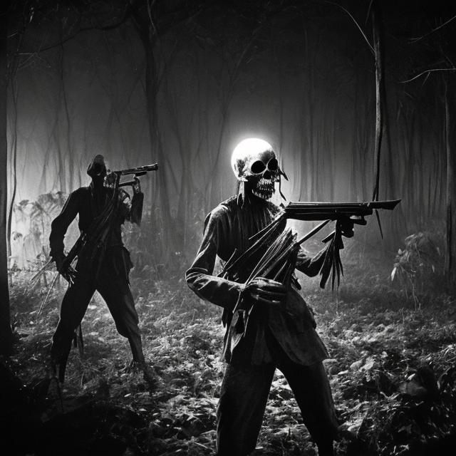 Prompt: scary undead vietcong in the forrest at night black and white1967

