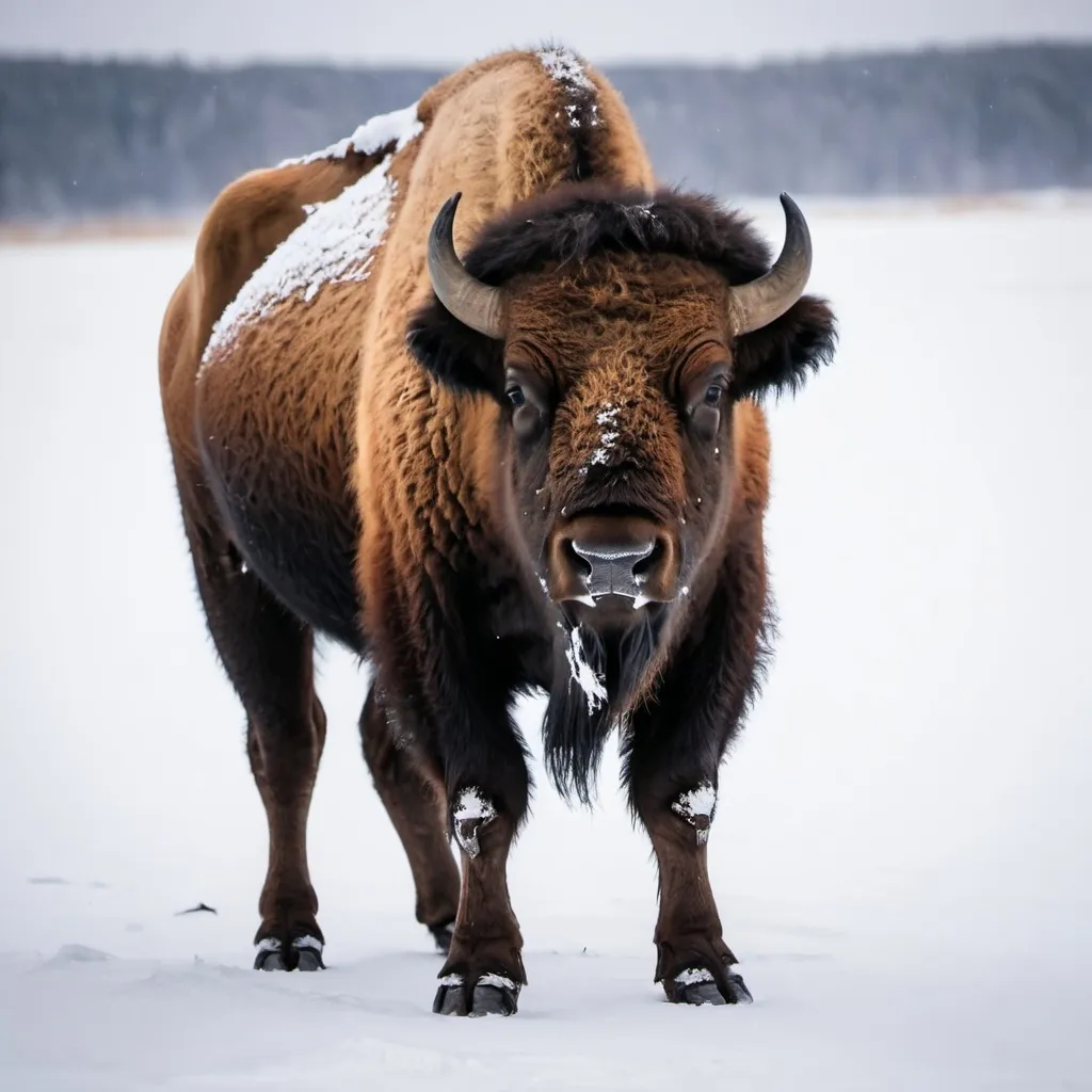 Prompt: young female bison facing head  on with legs and hooves in snow in winter