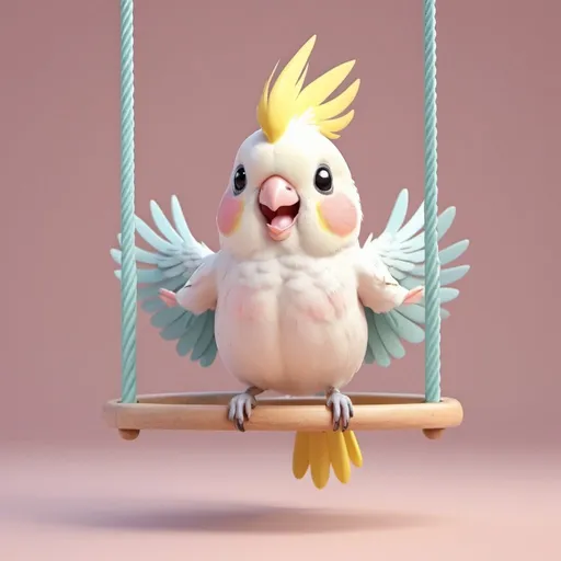 Prompt: kawaii 3D rendered, cute cockatiel , pastel colour , dancing at swings