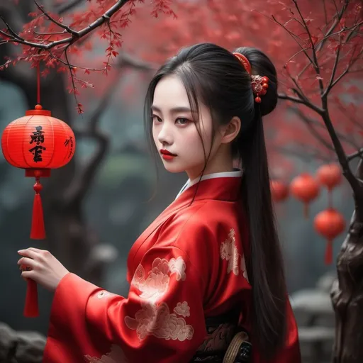 Prompt: 帶著這款項鍊的女模特，紅色背景，女模特屬於亞洲人種，項鍊和模型圖片一樣，鏡頭突出項鍊