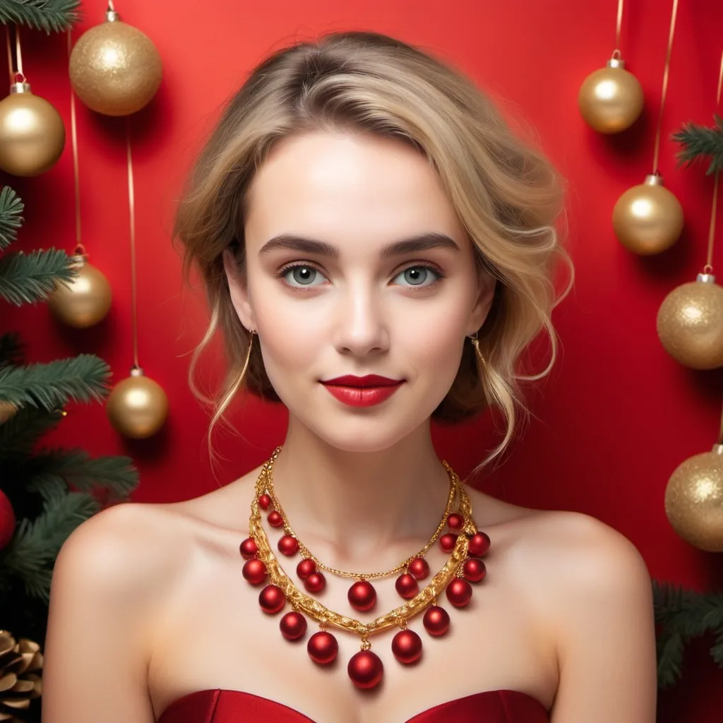 Prompt: Create a red festive background for the picture, and keep the golden necklace.