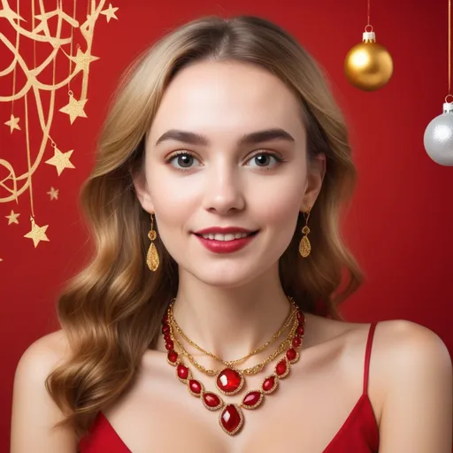 Prompt: Create a red festive background for the picture, and keep the golden necklace.