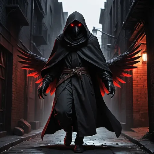 Prompt: Make a dnd character that is a kenku rogue with a black cloak and red eyes