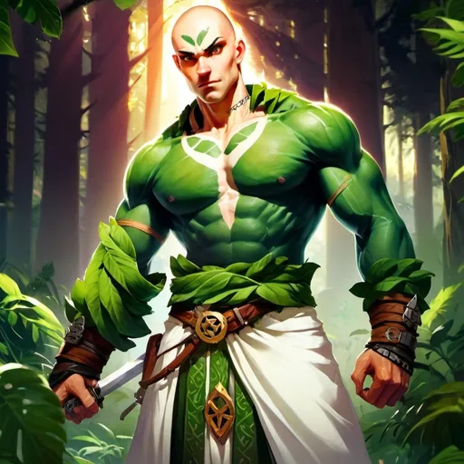 Prompt: Make a dnd character, the race is goliath, he wears a religious symbol around his neck and he loves nature and wears white and green clothing