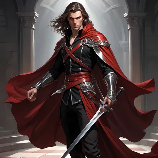 Prompt: A male dnd character. The race is a quickstep. He wears black and red clothing. Wields a silver rapier with a elegant hilt. The character has long brown hair and he wears a mantle cape on his left shoulder