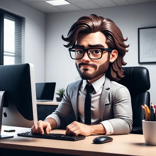 Prompt: A animated guy sitting on office desk wearing glasses, designing content. make him like a cartoon character, pixelated,medium  long hair, bigger office. make him abit far away from the picture.

