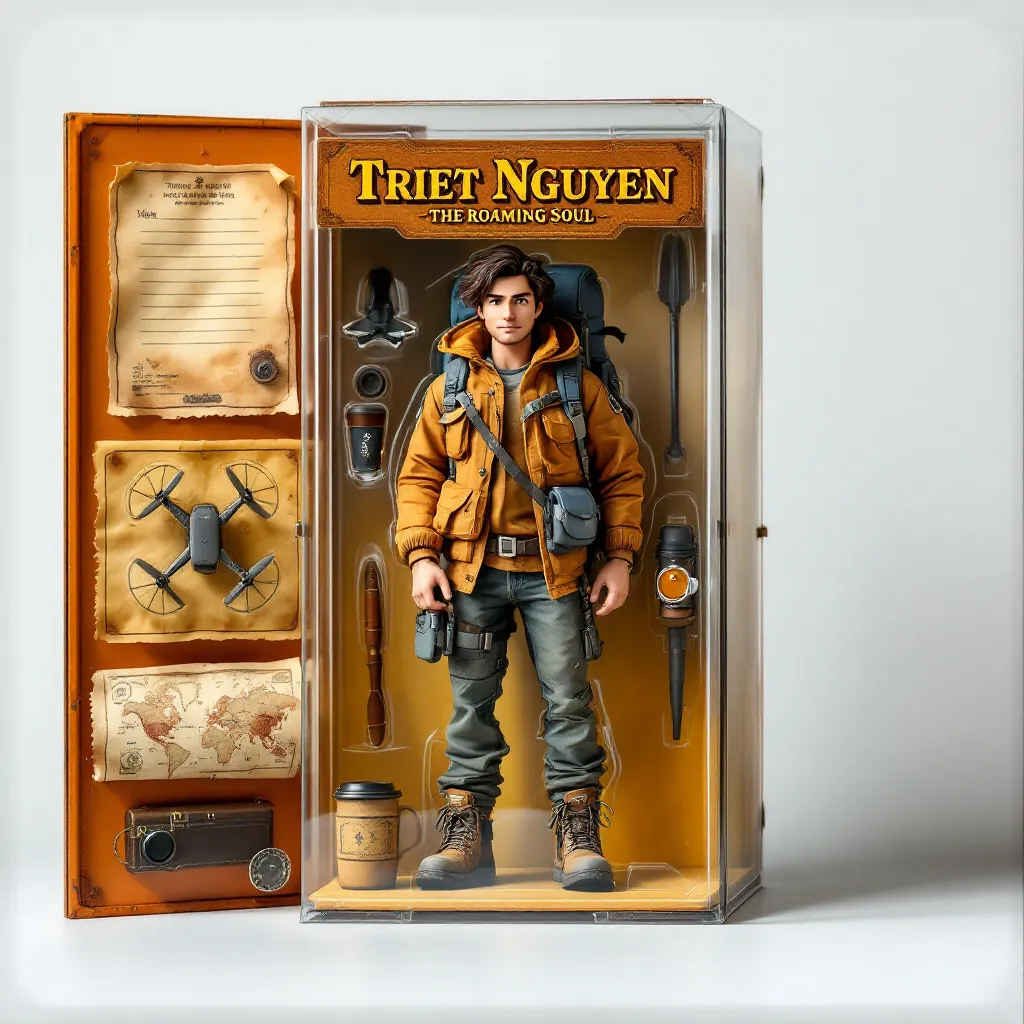 Prompt: A collectible action figure in a transparent blister pack toy box.
The character is named “Triet Nguyen”, working as a traveler and adventurer, wearing a rugged khaki jacket, worn-out jeans, dusty trekking boots, with a large hiking backpack and slightly messy hair from the wind.
Displayed alongside the figure are these accessories:

A mini drone with foldable wings

A travel journal with hologram effect

A treasure map with torn edges and coffee stains

A steaming miniature Vietnamese phin coffee cup

The packaging is styled in retro aesthetic, with warm earthy colors (burnt orange, sand yellow, and brown), a clear plastic window, and the product name “Triet Nguyen – The Roaming Soul” prominently featured on top in vintage typography.
The back of the box includes a hand-written travel diary note and a faded map illustration.
Lighting is studio-quality, white background, aspect ratio 3:4.
--v 5 --ar 3:4 --style raw (for Midjourney users)