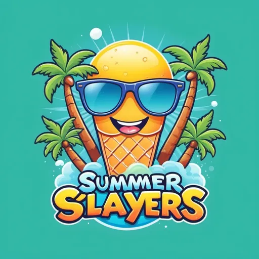 Prompt: (cute logo for a children's team called Summer Slayers), cartoon style, vibrant color scheme, cheerful atmosphere, playful elements, summer themes such as sunglasses, palm trees, and ice cream, fun fonts, bright and lively colors like sunshine yellow, sky blue, and lush green, ultra-detailed, HD, clean background with subtle summer-related patterns.