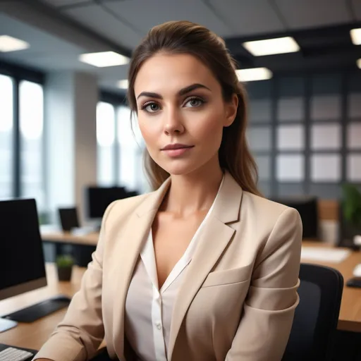 Prompt: (ultra-detailed) portrait of a beautiful woman working at an office, (elegant outfit), focused expression, soft lighting illuminating her features, modern office background with stylish decor, warm color tones, (professional atmosphere), showcasing productivity and determination, HD quality, conveying motivation and ambition.