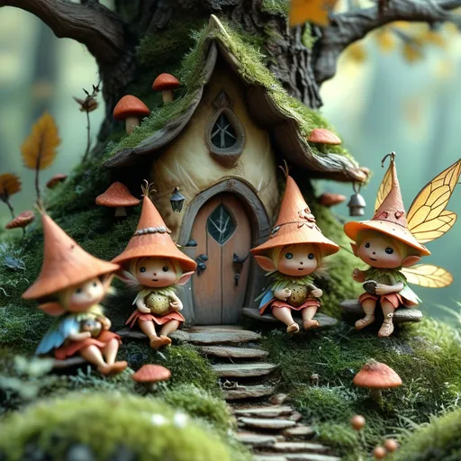 Prompt: un grupo de hadas kawaii y adorables en una casa de hadas en la base de un arbol en un bosque encantado,con musgo ytexsturas realistas