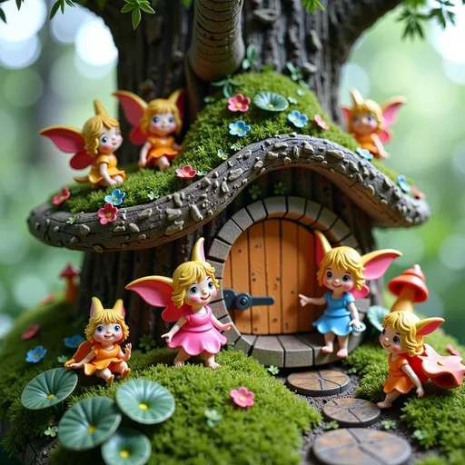 Prompt: un grupo de hadas kawaii y adorables en una casa de hadas en la base de un arbol en un bosque encantado,con musgo ytexsturas realistas