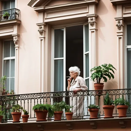 Prompt: old woman smoking balcony mansion with pot plants from afar