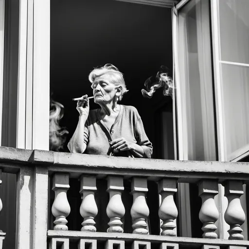 Prompt: old woman smoking balcony mansion