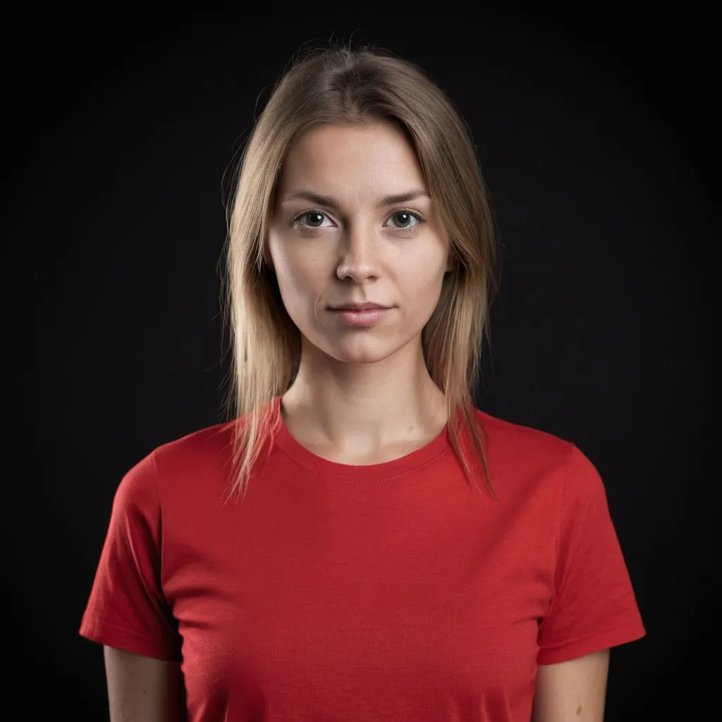 Prompt: a woman looking at the viewer, wearing a red t-shirt, front view, scandinavian photomodel, black background
