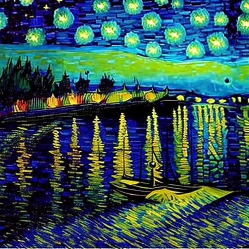 Prompt: Another stunning night sky scene by Van Gogh, this painting depicts the reflection of stars on the peaceful waters of the Rhône River. The use of blues, yellows, and vibrant brushwork creates a sense of tranquility and wonder.
