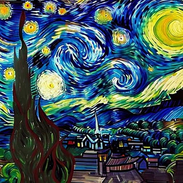 Prompt: 
This masterpiece depicts a night sky filled with swirling, vibrant stars above a tranquil village. Van Gogh's signature expressive brushstrokes and bold use of color create a sense of movement and emotion.