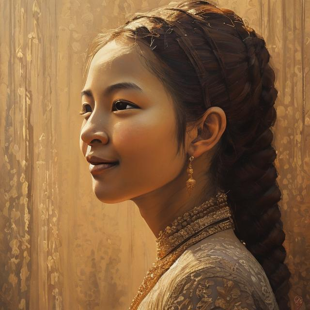 Prompt: this painting showcases a serene woman with a slight smile. The intricate details, including the play of light and shadow, contribute to the enigmatic allure of the artwork.