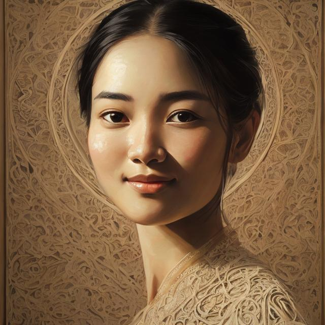 Prompt: this painting showcases a serene woman with a slight smile. The intricate details, including the play of light and shadow, contribute to the enigmatic allure of the artwork.