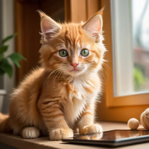 Prompt: A5 portrait of an adorable orange kitten with fluffy fur and curious green eyes, sitting on a cozy windowsill in a charming house. The kitten is looking at a tablet screen showing pictures of another kitten on Catstagram. The room is filled with warm, golden afternoon light, and there are various playful toys scattered around. The atmosphere is cozy and inviting.