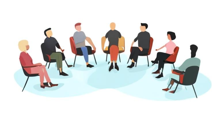 Prompt: cartoon image of a group of psychotherapy  chairs in a circle 
