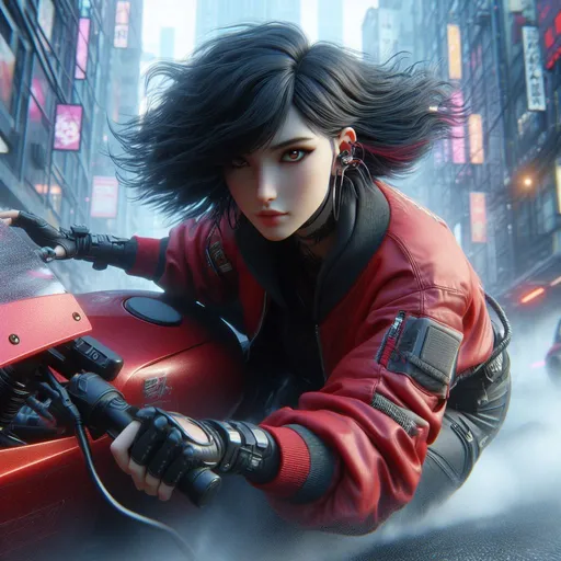 Prompt: A young woman, black bushy short hair, red cyberpunk bomber, enclosed, dust kick up by spinning tires, riding through a cyberpunk city 3D. Heavenly beauty, 256k, 50mm, f/1. 4, sharp focus, perfect anatomy, highly detailed, reflects, detailed and high quality background.