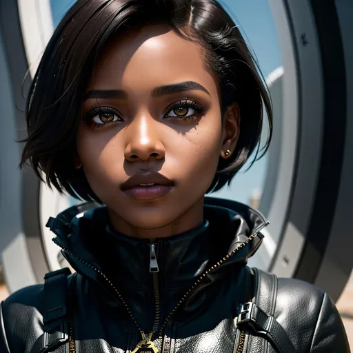 Prompt: Capture a precise, professional-grade close up in the highest possible quality photography of a  short asymmetrical hair, black woman.

She's wearing an explorer outfit. She have black eyes, dark brown hair. She's in an aesthetic pose.

Heavenly beauty, 128k, 50mm, f/1. 4, high detail, sharp focus, perfect anatomy, highly detailed, detailed and high quality background, oil painting, digital painting, Trending on artstation, UHD, 128K, quality, Big Eyes, artgerm, highest quality stylized character concept masterpiece, award winning digital 3d, hyper-realistic, intricate, 128K, UHD, HDR, image of a gorgeous, beautiful, dirty, highly detailed face, hyper-realistic facial features, cinematic 3D volumetric, illustration by Marc Simonetti, Carne Griffiths, Conrad Roset, 3D anime girl, Full HD render + immense detail + dramatic lighting + well lit + fine | ultra - detailed realism, full body art, lighting, high - quality, engraved, ((photorealistic)), ((hyperrealistic)), ((perfect eyes)), ((perfect skin)), ((perfect hair)), ((perfect shadow)), ((perfect light))