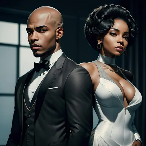 Prompt: Capture a precise, professional-grade close up in the in the highest possible quality photography of a black bald young man and a black young woman, both are spies.

The woman have a suit with a neckline cleavage. The man have a classy suit. They are leaning back to back. They have a dynamic pose.

heavenly beauty, 8k, 50mm, f/1. 4, high detail, sharp focus, perfect anatomy, highly detailed, detailed and high quality background, oil painting, digital painting, Trending on artstation, UHD, 128K, quality, Big Eyes, artgerm, highest quality stylized character concept masterpiece, award winning digital 3d, hyper-realistic, intricate, 128K, UHD, HDR, image of a gorgeous, beautiful, dirty, highly detailed face, hyper-realistic facial features, cinematic 3D volumetric, illustration by Marc Simonetti, Carne Griffiths, Conrad Roset, 3D anime girl, Full HD render + immense detail + dramatic lighting + well lit + fine | ultra - detailed realism, full body art, lighting, high - quality, engraved, ((photorealistic)), ((hyperrealistic))
