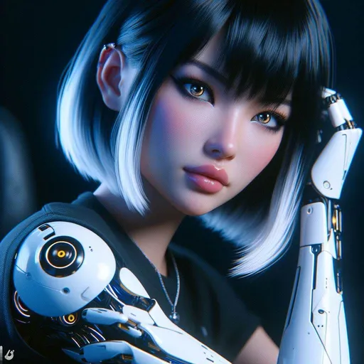 Prompt: Young japanese woman. Black short hair with white gradient, parted bangs. Futuristic cybernetic arm and shoulder in white porcelain crafted and decorated with blue and gold. Night, black room. Black makeup. Kohl makeup. No jewerlies. Sitting casually. She has a determined look. 3D. Perfectly beauty, 256k, 50mm, f/1. 4, sharp focus, perfect anatomy, highly detailed, reflects, detailed and highly quality background.