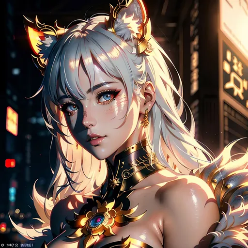 Prompt: kitsune female, delicate physique, soft white fur, partial silver mask, gold eyes, intricate and ornate garments, cyberpunk

Heavenly beauty, 128k, 50mm, f/1. 4, high detail, sharp focus, perfect anatomy, highly detailed, detailed and high quality background, oil painting, digital painting, Trending on artstation, UHD, 128K, quality, Big Eyes, artgerm, highest quality stylized character concept masterpiece, award winning digital 3d, hyper-realistic, intricate, 128K, UHD, HDR, image of a gorgeous, beautiful, dirty, highly detailed face, hyper-realistic facial features, cinematic 3D volumetric, illustration by Marc Simonetti, Carne Griffiths, Conrad Roset, 3D anime girl, Full HD render + immense detail + dramatic lighting + well lit + fine | ultra - detailed realism, full body art, lighting, high - quality, engraved, ((photorealistic)), ((hyperrealistic)), ((perfect eyes)), ((perfect skin)), ((perfect hair)), ((perfect shadow))