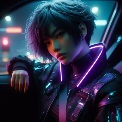 Prompt: A young woman, seen from the passenger seat, bushy black short hair lighten by purple and blue neons, cyberpunk high collar jacket from Cyberpunk 2077, cyber implants, driving the Quadra Type 66 Avenger, Night City, night, neons, 3D. Heavenly beauty, 256k, 50mm, f/1. 4, sharp focus, perfect anatomy, highly detailed, reflects, detailed and high quality background.