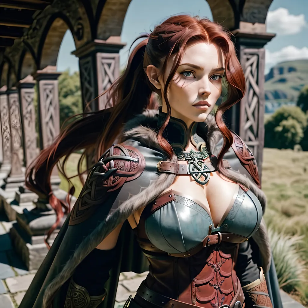 Prompt: Capture a precise, professional-grade in the highest possible quality photography of a long dark red haired young woman. She's an antic celtic warrior. She wears ornate celtic leather outfit, with a grey wolf fur cape.

((She have long messy dark red hair tied in a ponytail, with brown highlight.)). ((She has large grey/light blue eyes)). ((She have light freckles.)) ((She have large black eyelashes, black make-up)). She has a determined look.
Tattoos with various Celtic designs are visible all over the skin of her arms.

The stockade of an old rustic  celtic village in the background.

Heavenly beauty, 128k, 50mm, f/1. 4, high detail, sharp focus, perfect anatomy, highly detailed, detailed and high quality background, oil painting, digital painting, Trending on artstation, UHD, 128K, quality, Big Eyes, artgerm, highest quality stylized character concept masterpiece, award winning digital 3d, hyper-realistic, intricate, 128K, UHD, HDR, image of a gorgeous, beautiful, dirty, highly detailed face, hyper-realistic facial features, cinematic 3D volumetric, illustration by Marc Simonetti, Carne Griffiths, Conrad Roset, 3D anime girl, Full HD render + immense detail + dramatic lighting + well lit + fine | ultra - detailed realism, full body art, lighting, high - quality, engraved, ((photorealistic)), ((hyperrealistic)),  ((perfect eyes)), ((perfect skin)), ((perfect hair))