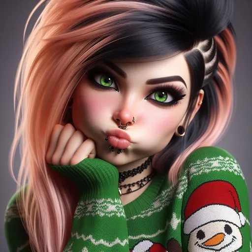 Prompt: A very detailed 256K image of a young woman with black hair with peach gradient. Green eyes, black makeup, wear an ugly Christmas sweater. Makes a funny face at the camera. No jewerlies. Heavenly Beauty, 128k, 50mm, f/1. 4, high details, sharp focus, perfect anatomy, highly detailed, detailed and high quality background.