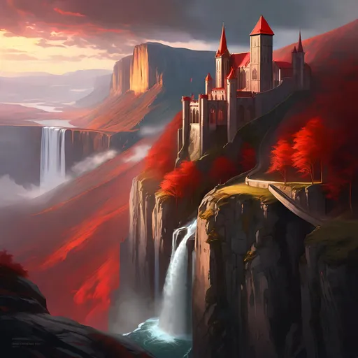 Prompt: A steep cliff with a huge waterfall. A fantastic castle in the Gothic style at the top of the cliff. The sun is red in a sky covered with gray clouds, digital painting, artstation, smooth, concept art, ethereal, digital painting, artstation, concept art, smooth, concept art, happy, ethereal, royal vibe, highly detailed, detailed and intricate background, digital painting, Trending on artstation, Big Eyes, artgerm, highest quality stylized character concept masterpiece, award winning digital 3d oil painting art, hyper-realistic, intricate, 64k, UHD, HDR, image of a gorgeous, beautiful, dirty, highly detailed face, hyper-realistic facial features, perfect anatomy in perfect composition of professional, long shot, sharp focus photography, cinematic 3d volumetric