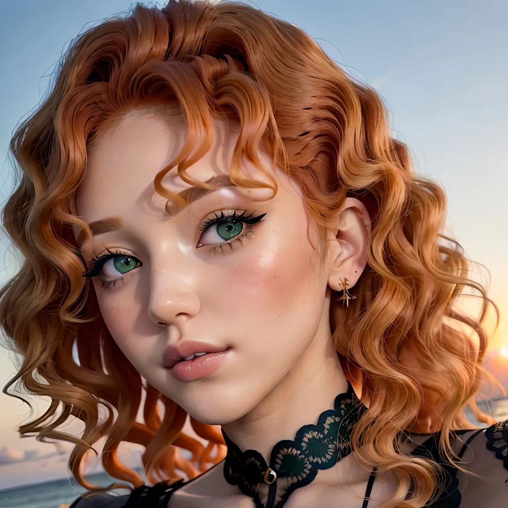 Prompt: Capture a precise, professional-grade in the highest possible quality photography of a curly peach haired young woman.

((She medium lenght curly peach hair with blonde highlight.)). ((She has large green eyes)). ((She have a tanned skin.)) ((She have large black eyelashes, black make-up)).

The background is a clear blue sky at sunset.

Heavenly beauty, 128k, 50mm, f/1. 4, high detail, sharp focus, perfect anatomy, highly detailed, detailed and high quality background, oil painting, digital painting, Trending on artstation, UHD, 128K, quality, Big Eyes, artgerm, highest quality stylized character concept masterpiece, award winning digital 3d, hyper-realistic, intricate, 128K, UHD, HDR, image of a gorgeous, beautiful, dirty, highly detailed face, hyper-realistic facial features, cinematic 3D volumetric, illustration by Marc Simonetti, Carne Griffiths, Conrad Roset, 3D anime girl, Full HD render + immense detail + dramatic lighting + well lit + fine | ultra - detailed realism, full body art, lighting, high - quality, engraved, ((photorealistic)), ((hyperrealistic)),  ((perfect eyes)), ((perfect skin)), ((perfect hair))