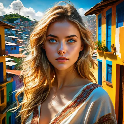 Prompt: Capture a precise, professional-grade in the highest possible quality photography of a blonde with blue eyes young woman wearing a white/beige top. She's surrounded by the colored brazilian favelas.

Heavenly beauty, 128k, 50mm, f/1. 4, high detail, sharp focus, perfect anatomy, highly detailed, detailed and high quality background, oil painting, digital painting, Trending on artstation, UHD, 128K, quality, Big Eyes, artgerm, highest quality stylized character concept masterpiece, award winning digital 3d, hyper-realistic, intricate, 128K, UHD, HDR, image of a gorgeous, beautiful, dirty, highly detailed face, hyper-realistic facial features, cinematic 3D volumetric, illustration by Marc Simonetti, Carne Griffiths, Conrad Roset, 3D anime girl, Full HD render + immense detail + dramatic lighting + well lit + fine | ultra - detailed realism, full body art, lighting, high - quality, engraved, ((photorealistic)), ((hyperrealistic)), ((perfect eyes)), ((perfect skin)), ((perfect hair)), ((perfect shadow)), ((perfect light))