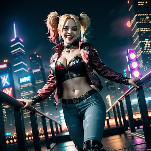 Prompt: Capture a precise, professional-grade high quality picture of Harley Quinn, her head turned to the side. Around her, the cyberpunk city Night City. She have a crazy but joyful smile on her face. She's surrounded by the chaos she have done. She should wear a netrunner outfit, with a high collar jacket, and a jeans with high boots.

Set by night, the scene is alive with vivid neons and stark shadows, creating a quintessential cyberpunk ambience. Despite the nocturnal setting, the image should be luminous and defined. The city's radiance, mirroring the grit and glamour of this universe.

Harley Quinn should be with a dynamic pose classic of the character, drawing viewers into her world. This high-quality photograph should not only capture her, but the thriving metropolis behind her, encapsulating the intrigue and allure of the cyberpunk world. 

heavenly beauty, 8k, 50mm, f/1. 4, high detail, sharp focus, perfect anatomy, highly detailed, detailed and high quality background, oil painting, digital painting, Trending on artstation, UHD, 128K, quality, Big Eyes, artgerm, highest quality stylized character concept masterpiece, award winning digital 3d, hyper-realistic, intricate, 128K, UHD, HDR, image of a gorgeous, beautiful, dirty, highly detailed face, hyper-realistic facial features, cinematic 3D volumetric, illustration by Marc Simonetti, Carne Griffiths, Conrad Roset, 3D anime girl, Full HD render + immense detail + dramatic lighting + well lit + fine | ultra - detailed realism, full body art, lighting, high - quality, engraved, ((photorealistic)), ((hyperrealistic))