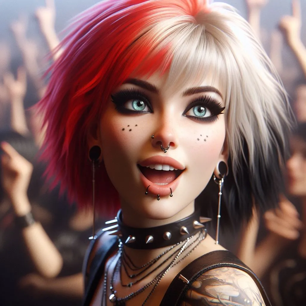 Prompt: A very detailed 256K image of a young punk woman with bleached hair, shaded into red then black.. Blue eyes, black makeup, wear a punk outfit. Headbang in the mosh pit. She looks excited, in a trance by the music. No jewerlies. Heavenly Beauty, 128k, 50mm, f/1. 4, high details, sharp focus, perfect anatomy, highly detailed, detailed and high quality background.