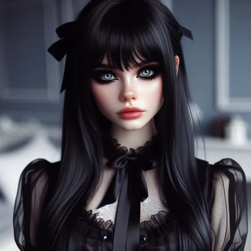 Prompt: A young woman, dressed in a gothic style, long silk black hair, icy blue eyes, black makeup, pale skin, parted bangs. Teenage goth room. 3D, Heavenly beauty, 256k, 50mm, f/1. 4, high detail, sharp focus, perfect anatomy, highly detailed, detailed and high quality background.