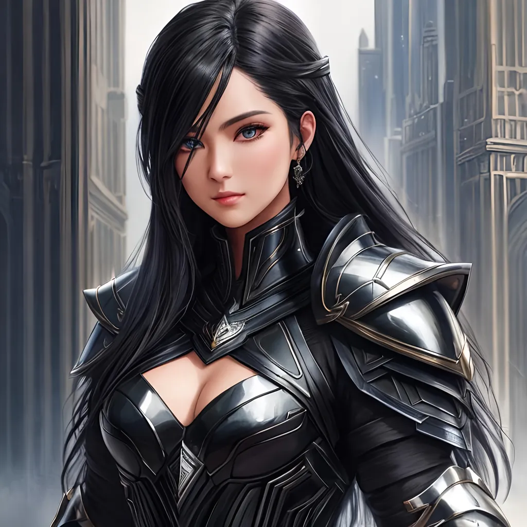 Prompt: Portrait photo, 25 years old, silk dark black with light black highlights hair, obsidian armor, dark fantasy city architecture, heavenly beauty, 8k, 50mm, f/1. 4, high detail, sharp focus, perfect anatomy, highly detailed, detailed and high quality background, oil painting, digital painting, Trending on artstation, UHD, 128K, quality, Big Eyes, artgerm, highest quality stylized character concept masterpiece, award winning digital 3d, hyper-realistic, intricate, 128K, UHD, HDR, image of a gorgeous, beautiful, dirty, highly detailed face, hyper-realistic facial features, cinematic 3D volumetric, illustration by Marc Simonetti, Carne Griffiths, Conrad Roset, 3D anime girl, Full HD render + immense detail + dramatic lighting + well lit + fine | ultra - detailed realism, full body art, lighting, high - quality, engraved |