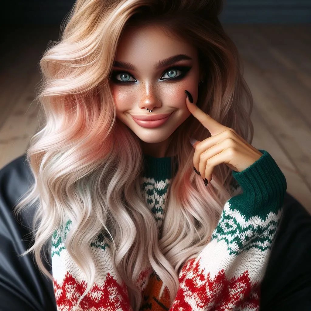 Prompt: A very detailed 256K image of a young woman with black hair with peach gradient. Green eyes, black makeup, wear an ugly Christmas sweater. Makes a funny face at the camera. No jewerlies. Heavenly Beauty, 128k, 50mm, f/1. 4, high details, sharp focus, perfect anatomy, highly detailed, detailed and high quality background.