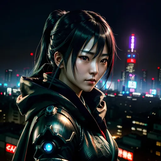 Prompt: Capture a precise, professional-grade high quality picture of a japanese assassin woman, her head turned to the side, revealing a detailed face adorned with beautiful eyes. Behind her a huge cityscape of a cyberpunk city.

Set under the cloak of night, the scene is alive with vivid neons and stark shadows, creating a quintessential edgy ambience. Despite the nocturnal setting, the image should be detailed and defined. The city's radiance, mirroring the grit and glamour of this universe.

The woman should be centered in the image, drawing viewers into her world. This high-quality photograph should not only capture her, but the thriving metropolis behind her. Illustration by Makoto shinkai.

heavenly beauty, 128k, 50mm, f/1. 4, high detail, sharp focus, perfect anatomy, highly detailed, detailed and high quality background, oil painting, digital painting, Trending on artstation, UHD, 128K, quality, Big Eyes, artgerm, highest quality stylized character concept masterpiece, award winning digital 3d, hyper-realistic, intricate, 128K, UHD, HDR, image of a gorgeous, beautiful, dirty, highly detailed face, hyper-realistic facial features, cinematic 3D volumetric,  3D anime girl, Full HD render + immense detail + dramatic lighting + well lit + fine | ultra - detailed realism, full body art, lighting, high - quality, engraved, ((photorealistic)), ((hyperrealistic))