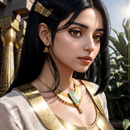 Prompt: Capture a precise, professional-grade close up in the highest possible quality photography of a medium lenght black haired young woman. She's egyptian. She wears a white linen outfit accented with gold, a necklace, and Egyptian gold jewelry. She's outside, the sun glowing.


((She have medium lenght black hair stylised as a bob with egyptian hairpins.)). ((She has large brown eyes)). ((She have large black eyelashes, black make-up)). She has a classy look.

The background is a clear blue sky, she's sitting in an egyptian garden.

Heavenly beauty, 128k, 50mm, f/1. 4, high detail, sharp focus, perfect anatomy, highly detailed, detailed and high quality background, oil painting, digital painting, Trending on artstation, UHD, 128K, quality, Big Eyes, artgerm, highest quality stylized character concept masterpiece, award winning digital 3d, hyper-realistic, intricate, 128K, UHD, HDR, image of a gorgeous, beautiful, dirty, highly detailed face, hyper-realistic facial features, cinematic 3D volumetric, illustration by Marc Simonetti, Carne Griffiths, Conrad Roset, 3D anime girl, Full HD render + immense detail + dramatic lighting + well lit + fine | ultra - detailed realism, full body art, lighting, high - quality, engraved, ((photorealistic)), ((hyperrealistic)),  ((perfect eyes)), ((perfect skin)), ((perfect hair))